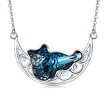 Cat and Celtic Moon Necklace with Blue Crystal in S925 Sterling Silver