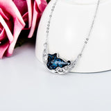 Cat and Celtic Moon Necklace with Blue Crystal in S925 Sterling Silver