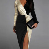 Two Tone Black Gold Ethnic High Waist Solid Color Dress